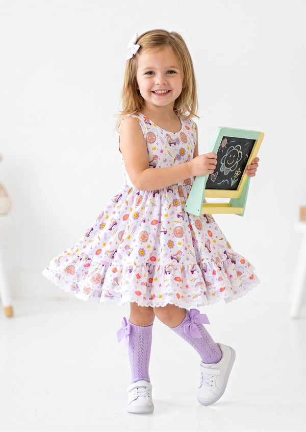 girls Multi Print Storybook Roller Skates Twirl Dress - twirl dresses