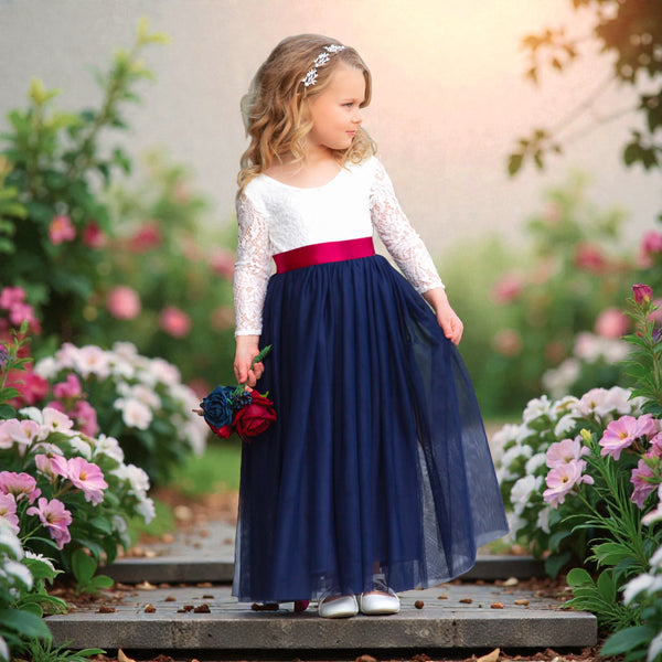Navy Long Sleeve Flower Girl Dresses for Classic Boho Wedding Style