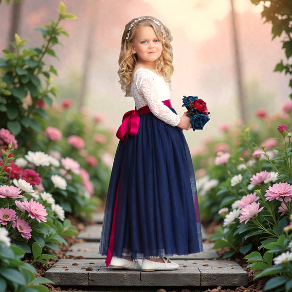 Navy Long Sleeve Flower Girl Dresses for Classic Boho Wedding Style