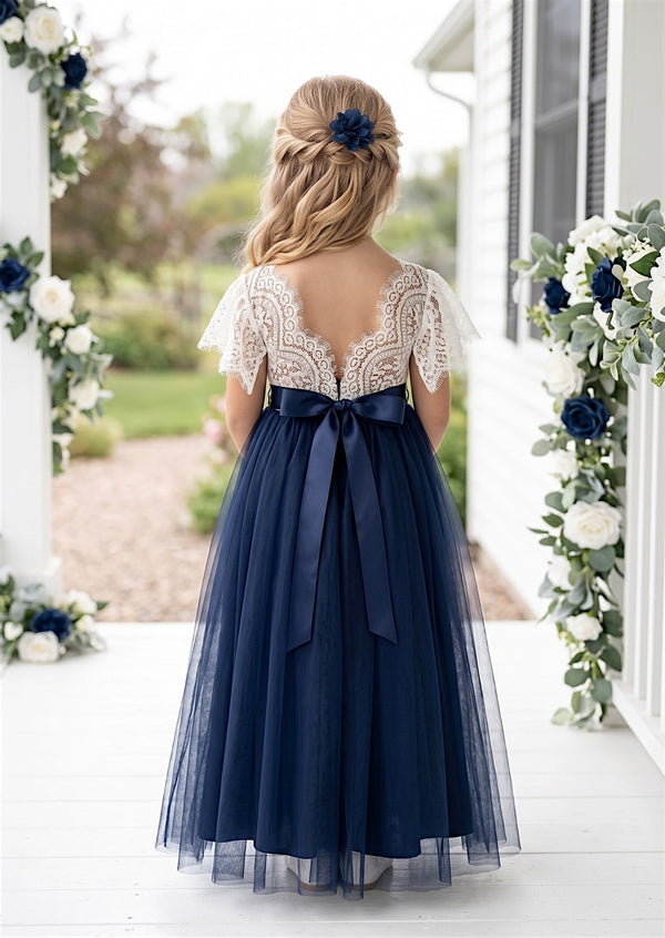 Celine Flutter Sleeve Navy Flower Girl Dress - Flower Girl Dresses
