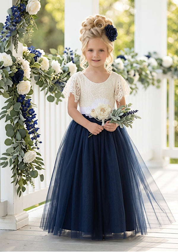 Celine Flutter Sleeve Navy Flower Girl Dress - Flower Girl Dresses