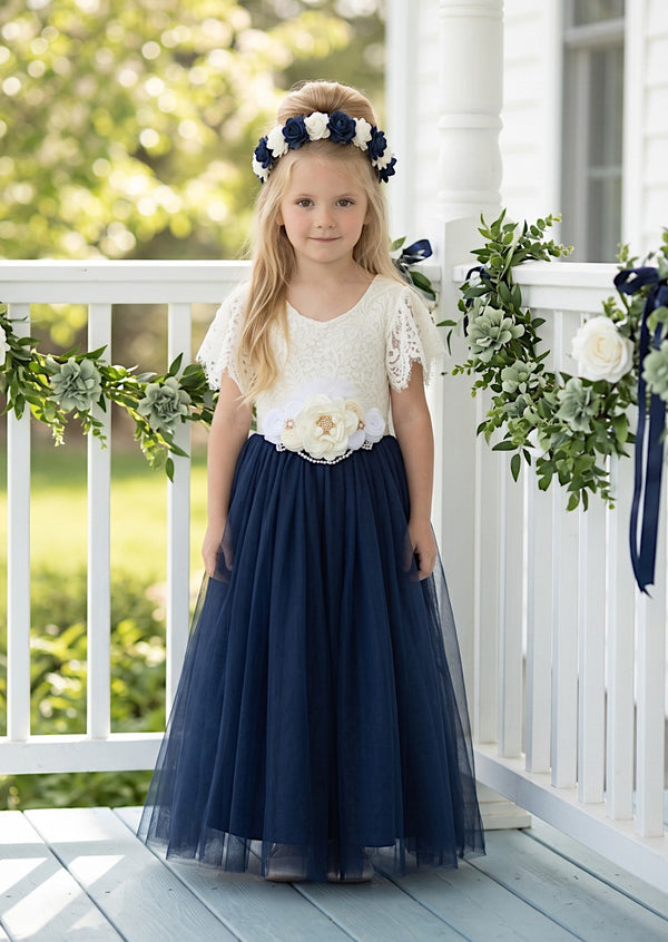 Celine Flutter Sleeve Navy Flower Girl Dress - Flower Girl Dresses