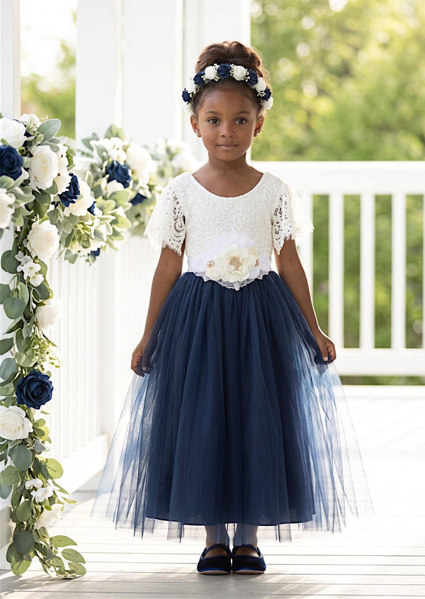 Celine Flutter Sleeve Navy Flower Girl Dress - Flower Girl Dresses