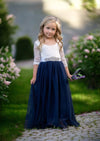 Navy and white flower girl dress with rhinestone sash