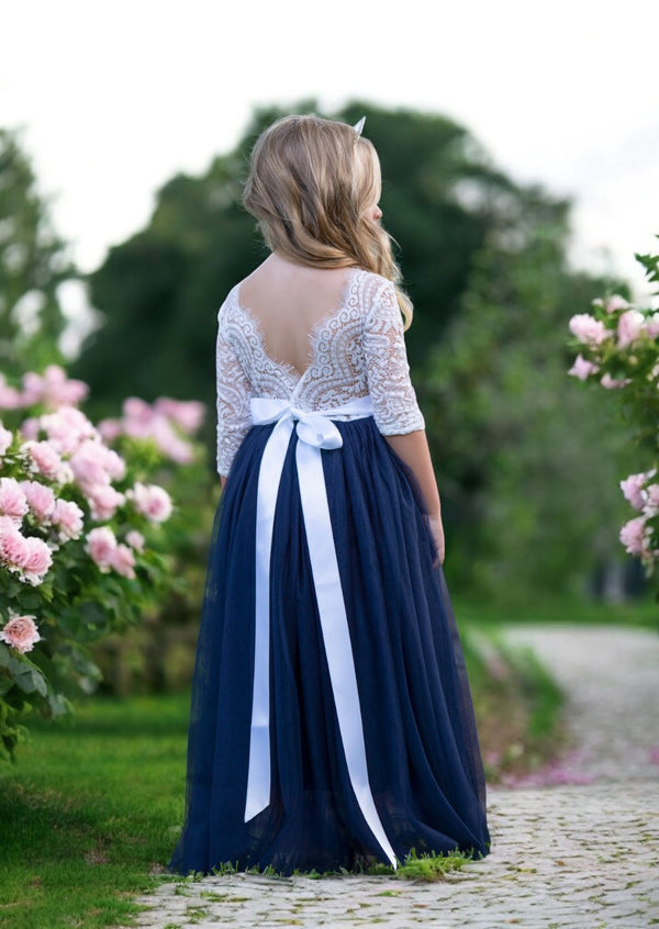 Navy and white flower girl dress with white sash