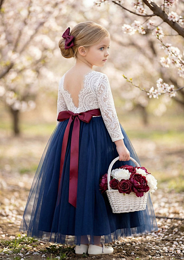 Navy Lace Tulle Flower Girl Dress Feathered Open Back
