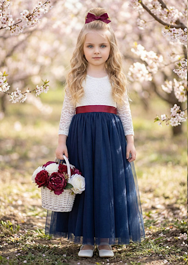 Navy Lace Tulle Flower Girl Dress Feathered Open Back