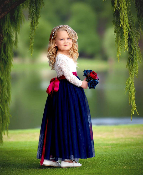 Navy Blue Boho Lace Tulle Junior Bridesmaid Dress for All Seasons