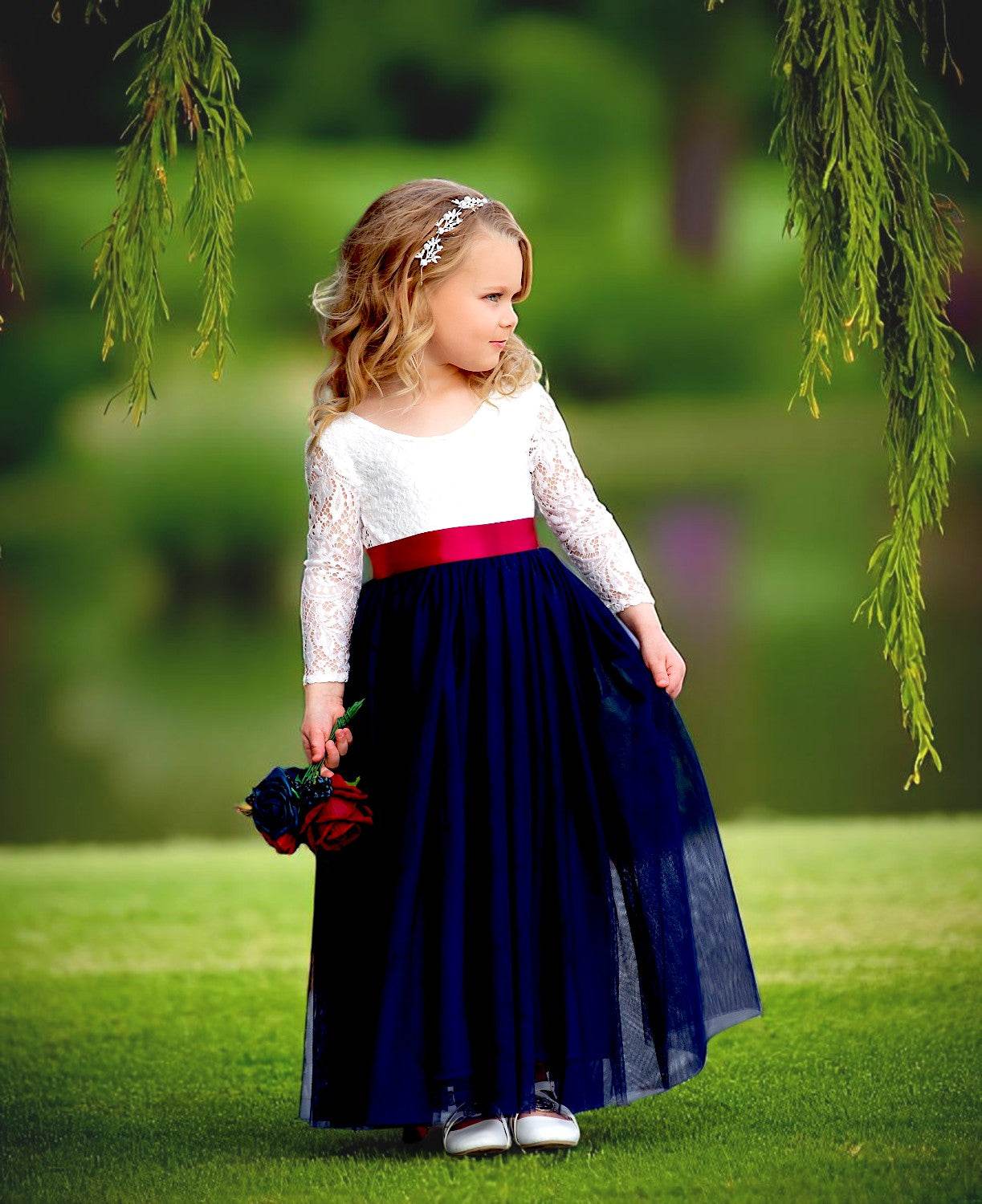 Navy Blue Boho Lace & Tulle Junior Bridesmaid Dress for All Seasons