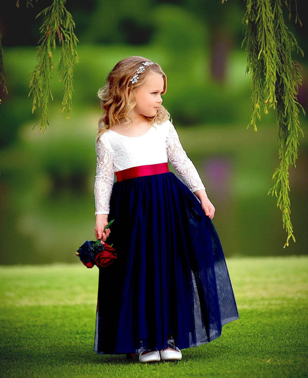 Navy Blue Boho Lace & Tulle Junior Bridesmaid Dress for All Seasons