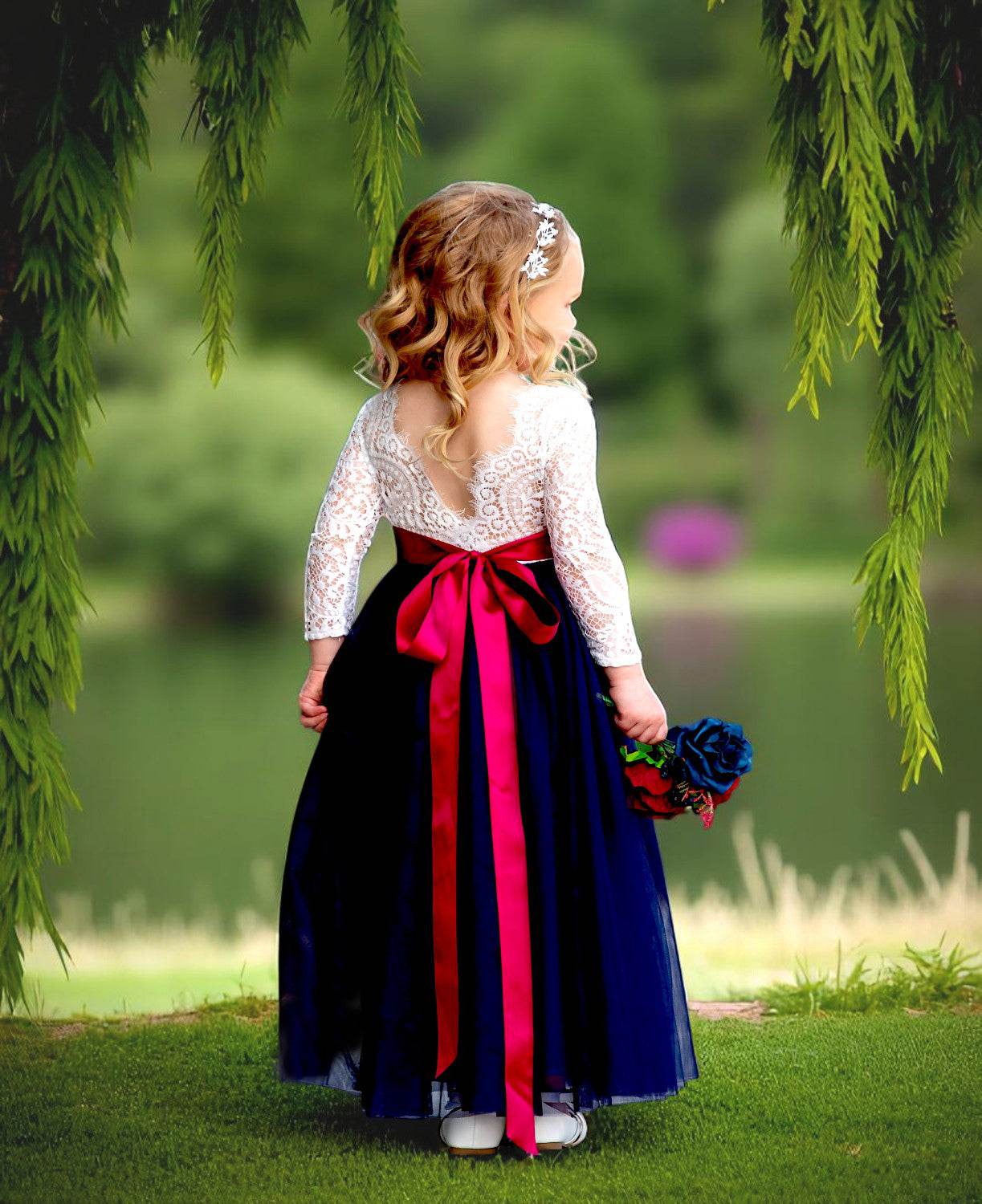 Navy Blue Boho Lace & Tulle Junior Bridesmaid Dress for All Seasons