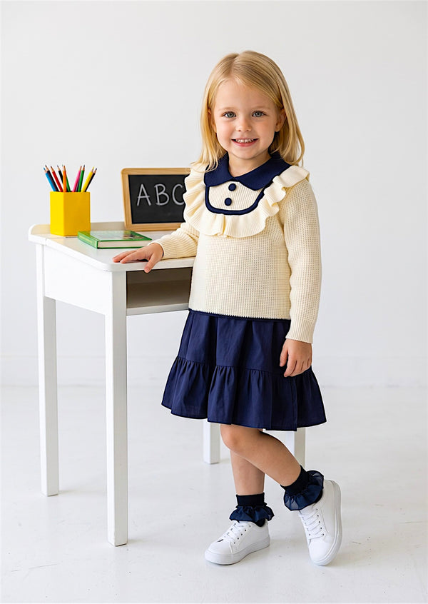 girls navy blue twirl dress with blue and cream sweater