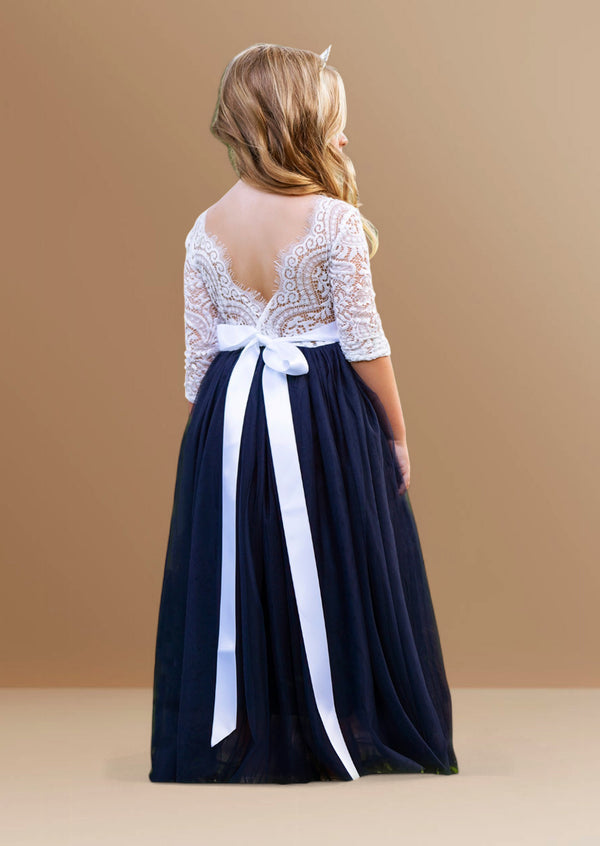 Navy and white flower girl dress with white sash