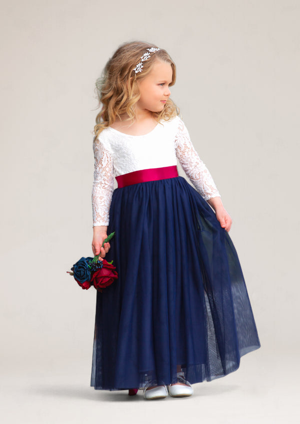 navy and white flower girl dress with sash