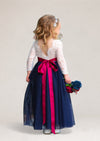 navy and white flower girl dress with burgundy sash
