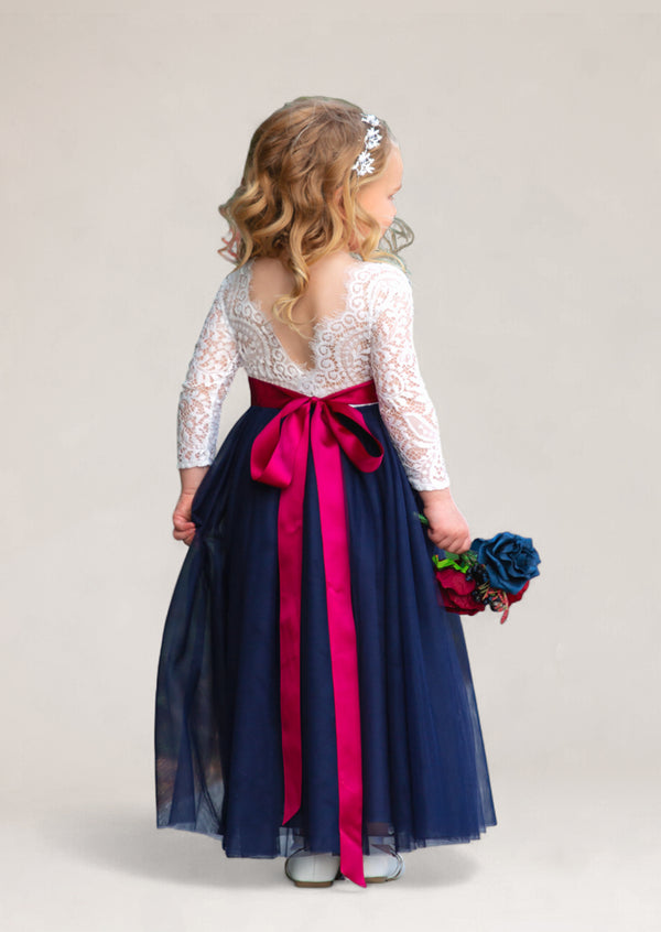 navy and white flower girl dress with burgundy sash