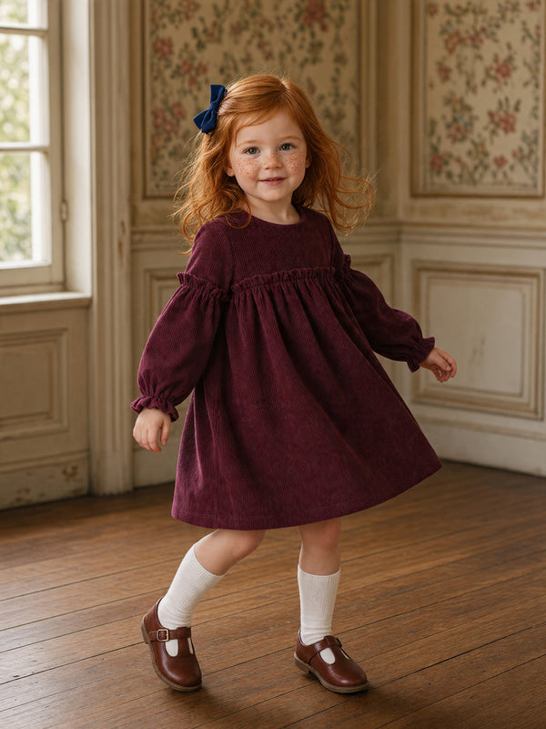 Nayla Corduroy Long Sleeve Dress in Burgundy