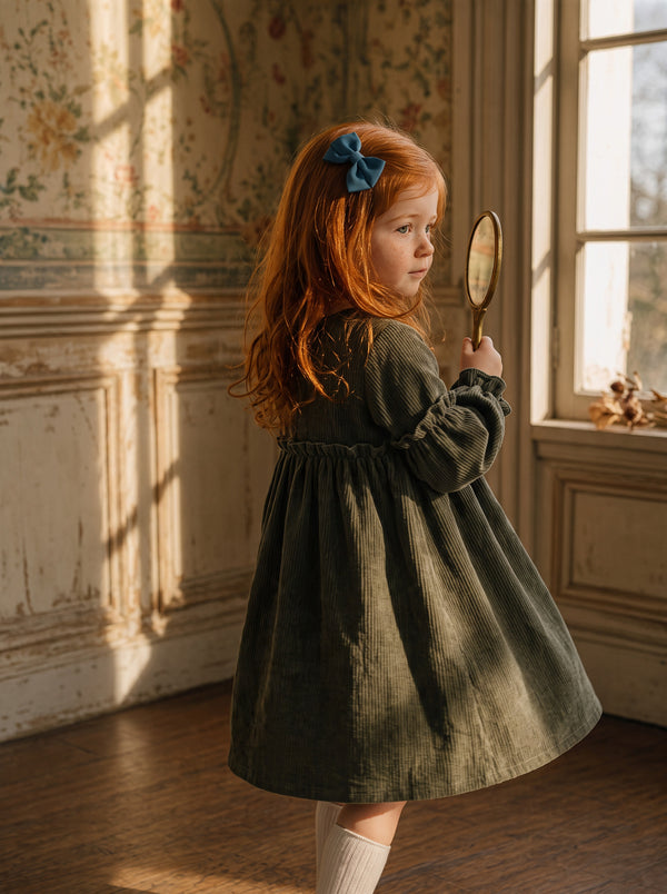 Nayla Corduroy Long Sleeve Dress in Moss