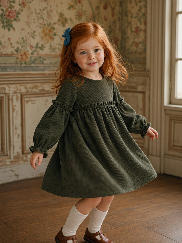 Nayla Corduroy Long Sleeve Dress in Moss