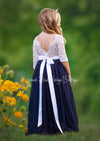 navy blue and white flower girl dress