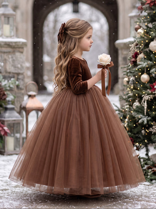 Noelle Dress Brown Velvet & Tulle Dress for Girls | Flower Girl Dresses