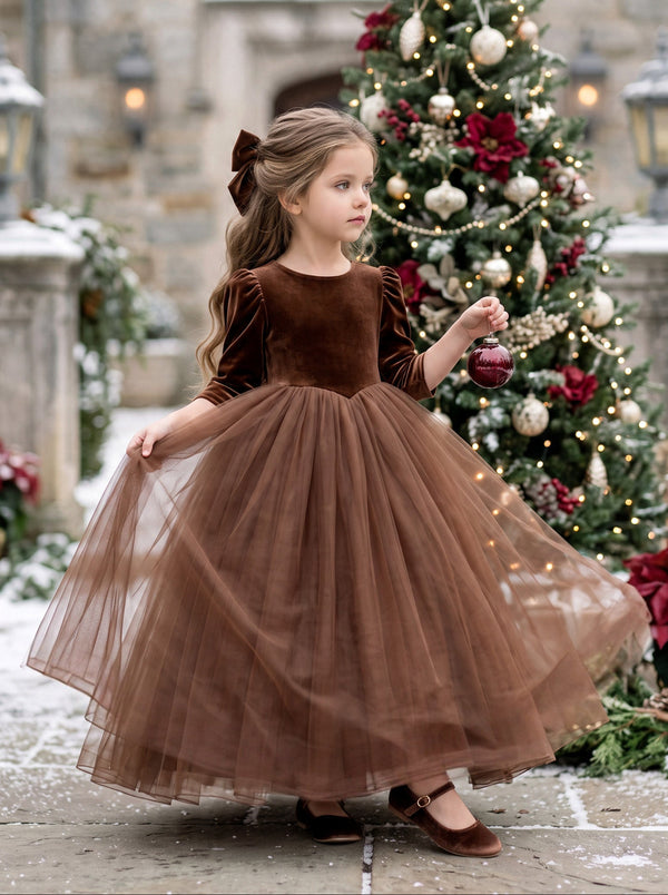 Noelle Dress Brown Velvet & Tulle Dress for Girls | Flower Girl Dresses