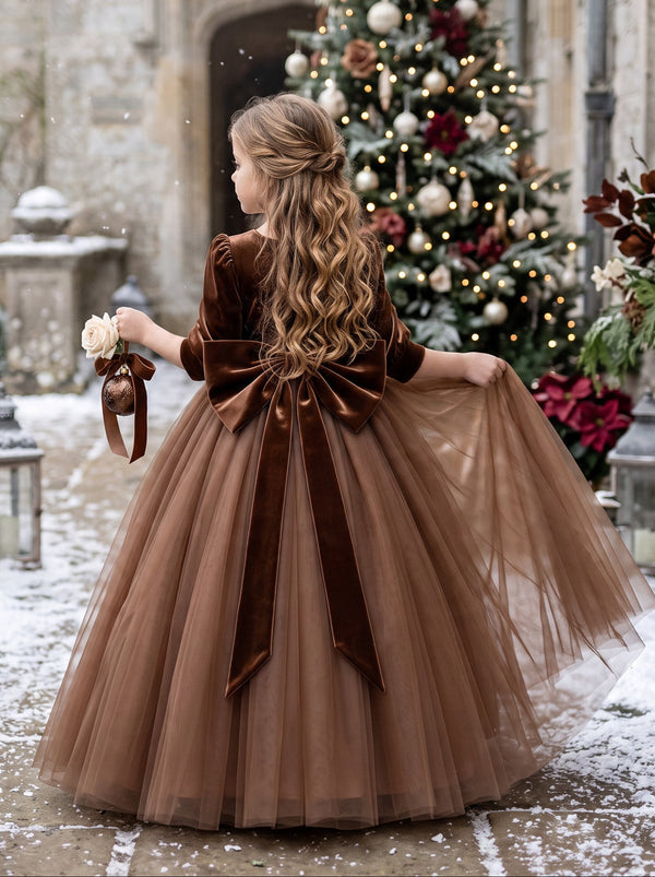 Noelle Dress Brown Velvet & Tulle Dress for Girls | Flower Girl Dresses