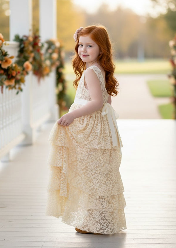 beige layered lace flower girl dresses for toddlers