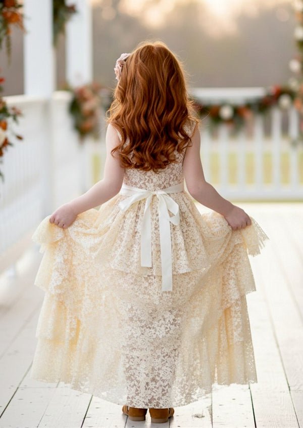 Nola Rustic Layered Lace Ivory Flower Girl Dress