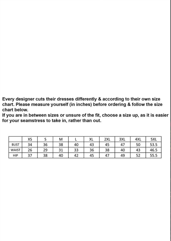 Size chart for dresses with measurements in inches on a white background