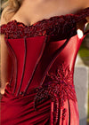 Red Close-up Off-Shoulder Satin Corset Evening Gown with Beaded Lace Appliqué &amp; High Slit
