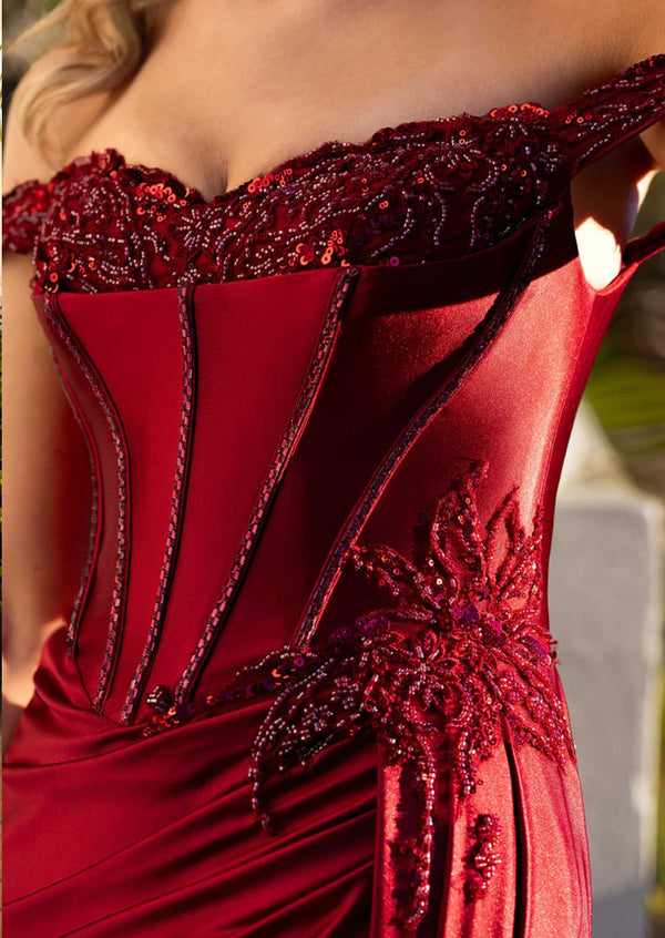 Red Close-up Off-Shoulder Satin Corset Evening Gown with Beaded Lace Appliqué &amp; High Slit

