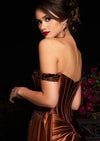 Sienna Close-up Off-Shoulder Satin Corset Evening Gown with Beaded Lace Appliqué &amp; High Slit