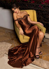 sienna Off-Shoulder Satin Corset Evening Gown with Beaded Lace Appliqué &amp; High Slit