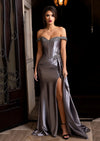 silver Off-Shoulder Satin Corset Evening Gown with Beaded Lace Appliqué &amp; High Slit