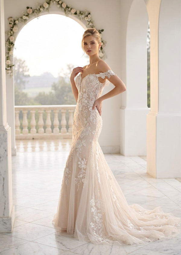 Off Shoulder Bridal Mermaid Wedding Dress  White & Nude