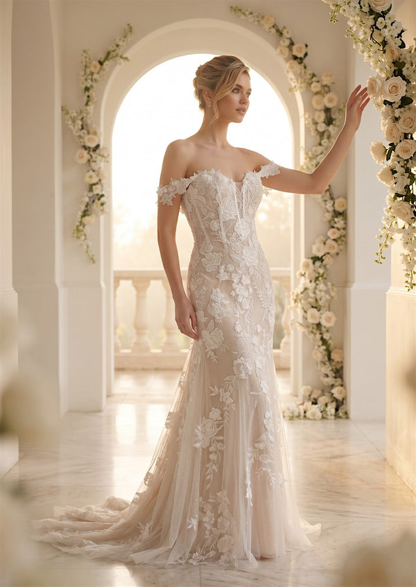 Off Shoulder Bridal Mermaid Wedding Dress  White & Nude