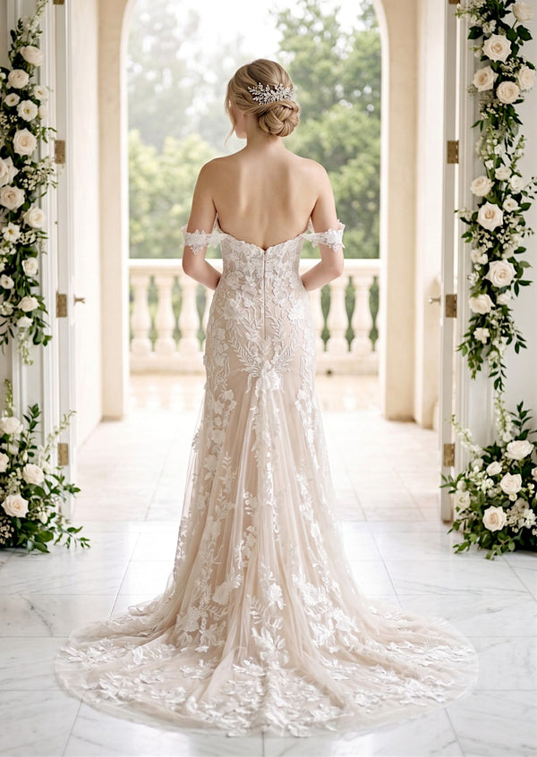 Off Shoulder Bridal Mermaid Wedding Dress  White & Nude