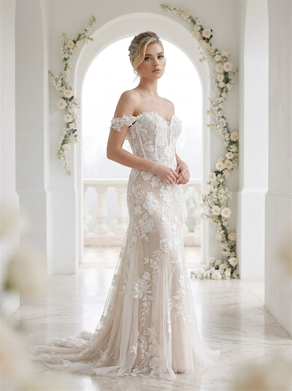 Off Shoulder Bridal Mermaid Wedding Dress  White & Nude