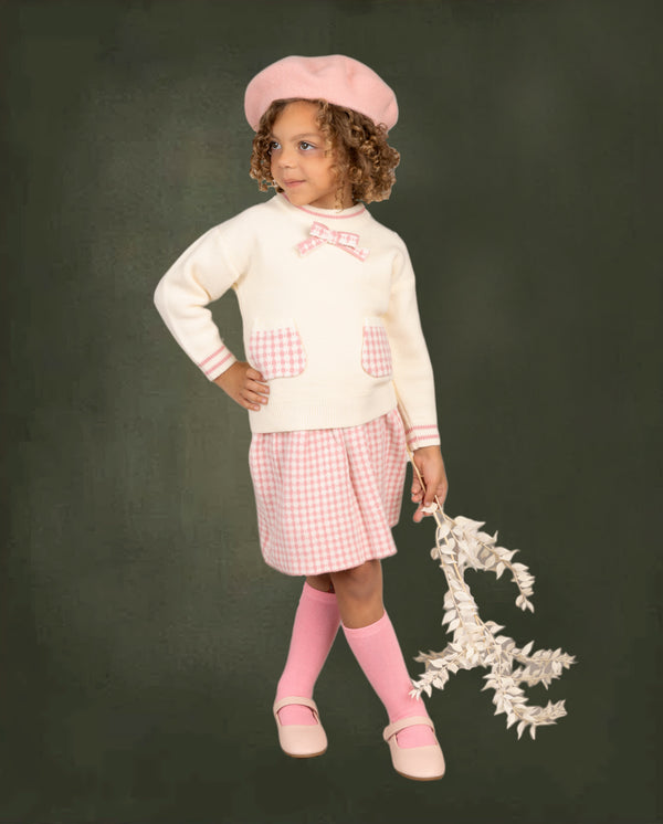 Girls pink check Fall Sweater & Skirt Set