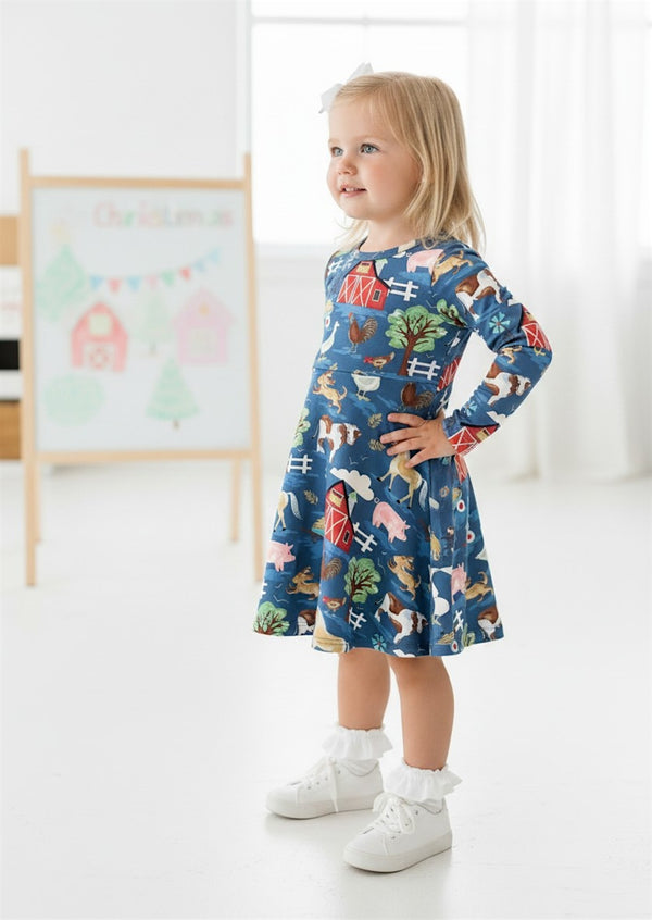 Toddler On the Farm Animals Blue Twirl Dress - Twirl Dresses