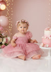 Sitting Baby Girl Pink Fancy Birthday Dress