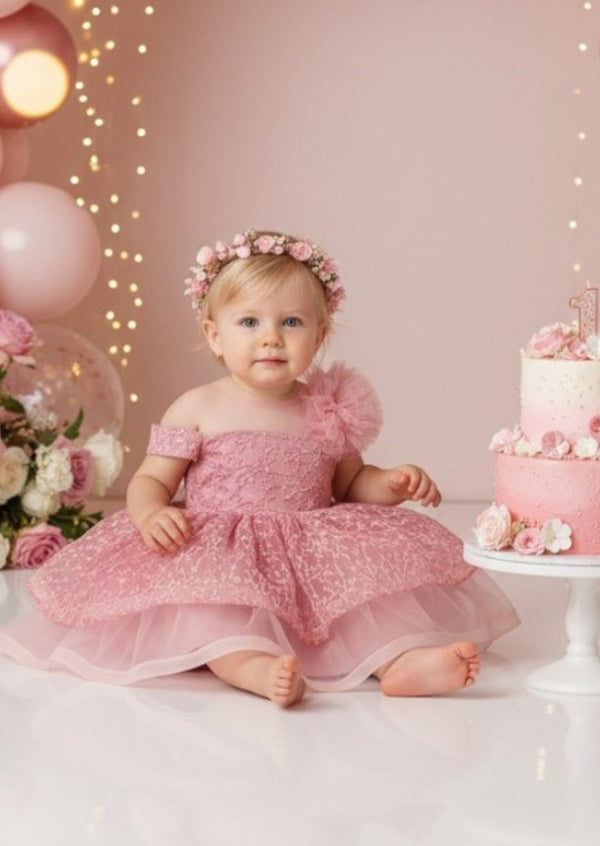 Sitting Baby Girl Pink Fancy Birthday Dress