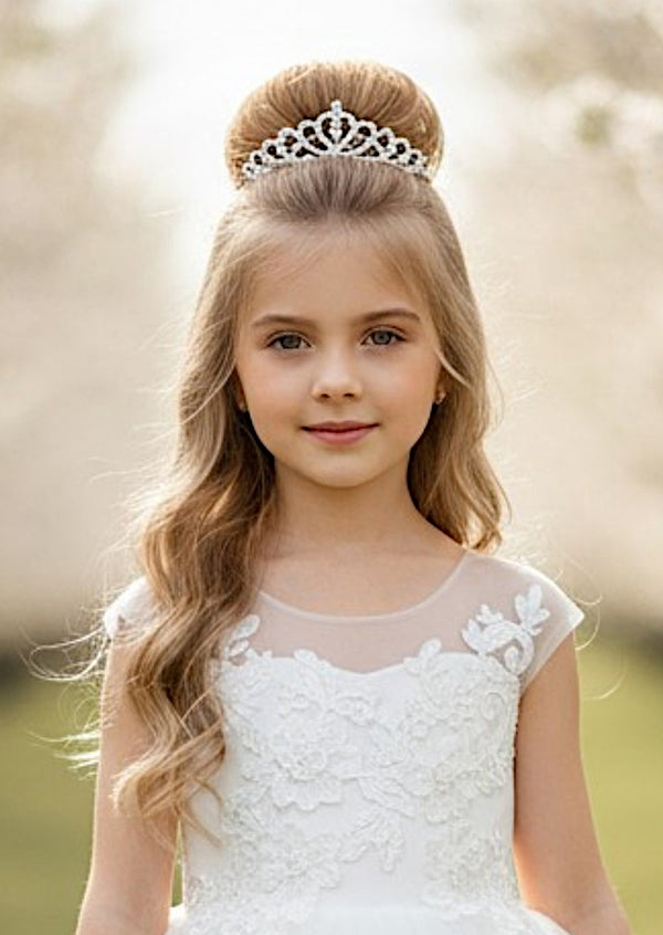 White Flower Girl Dress  Sheer Applique Lace Bodice