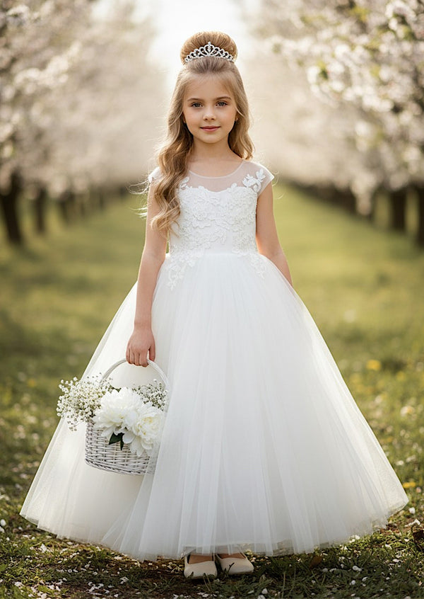White Flower Girl Dress  Sheer Applique Lace Bodice