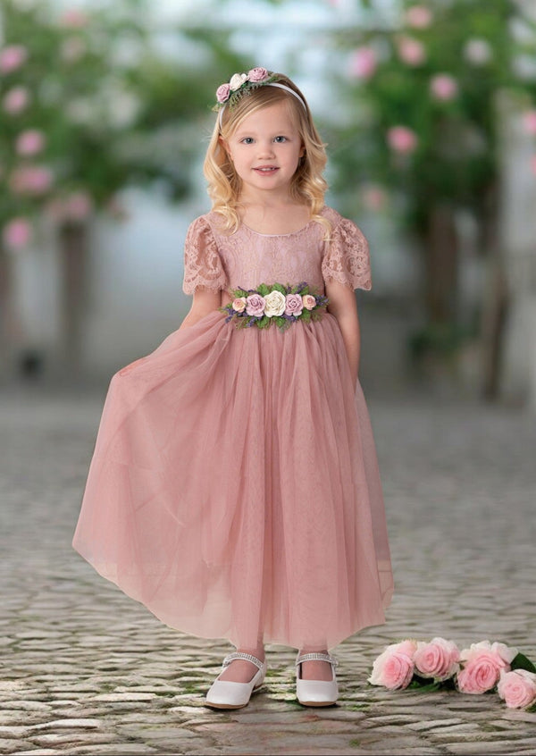 Dusty mauve tulle and lace flower girl dresses for toddlers