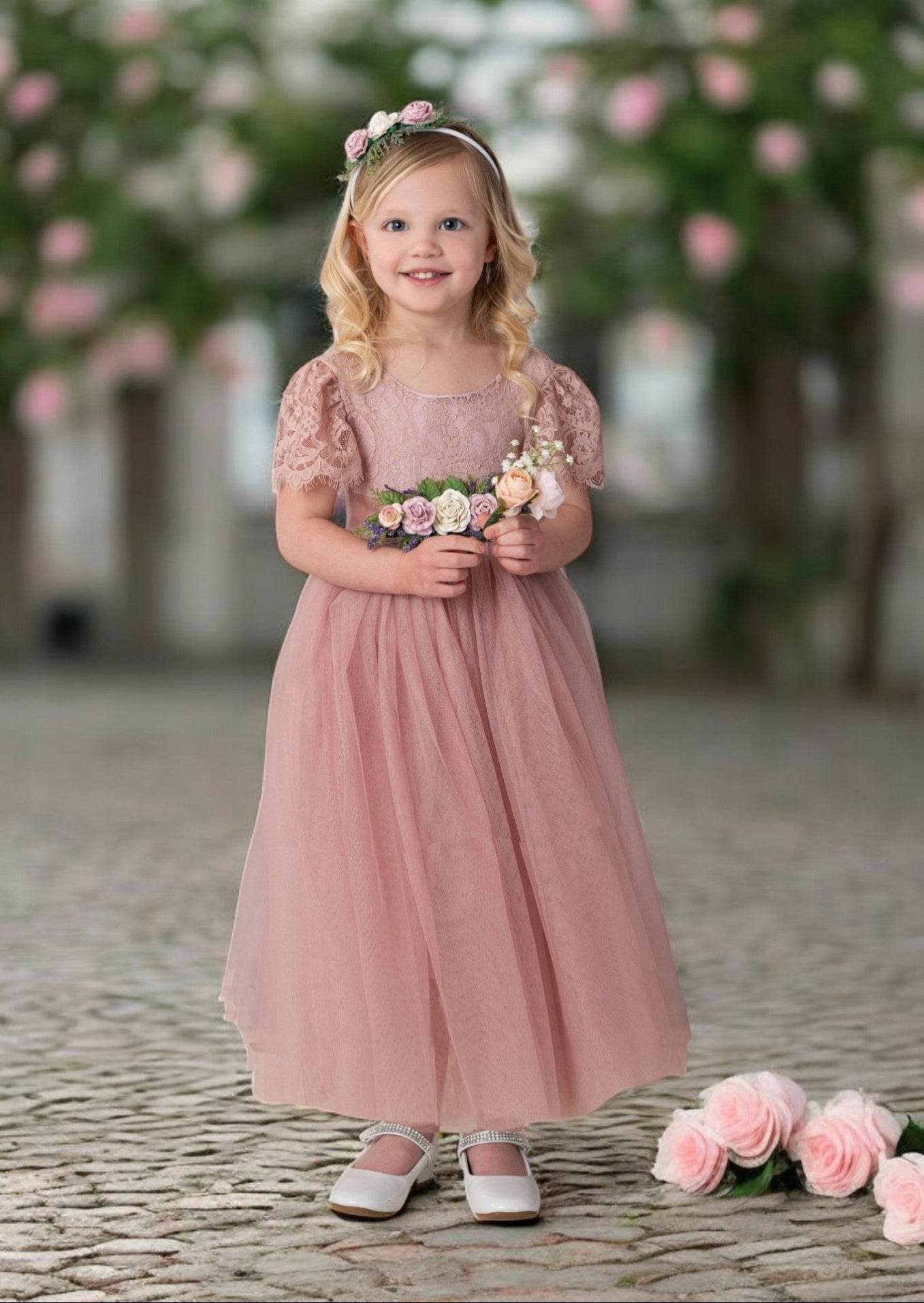 Short Sleeve Dusty Rose Full Length Dress