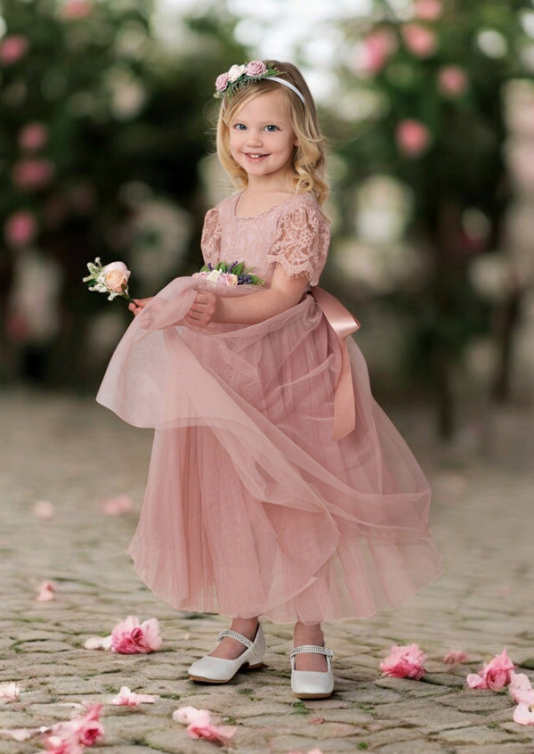 Short Sleeve Mauve Special Occasion Flower Girl Dress