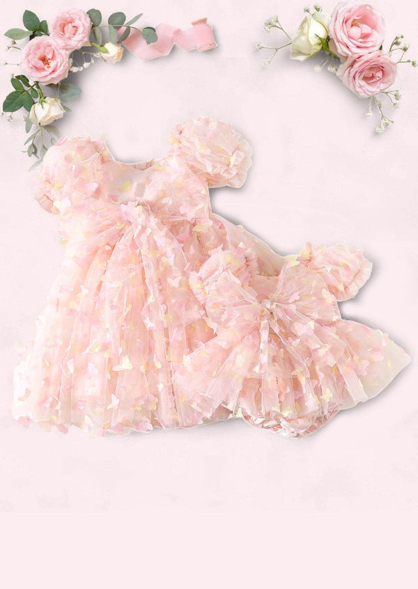 Toddler Girl Birthday Outfit | Puff Sleeve Peach Butterfly Baby Party Romper