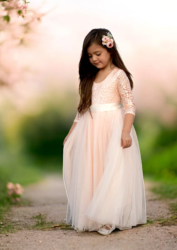 peach flower girl dresses with sleeves